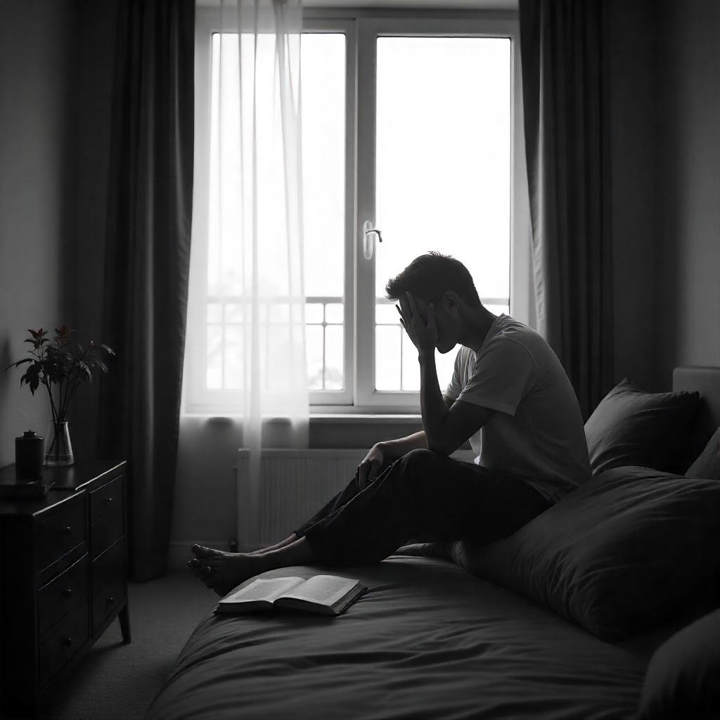 A man sits on a bed in a dimly lit room, holding his head in his hand, looking distressed; an open book lies beside him, symbolizing emotional struggle and symptoms of depression.