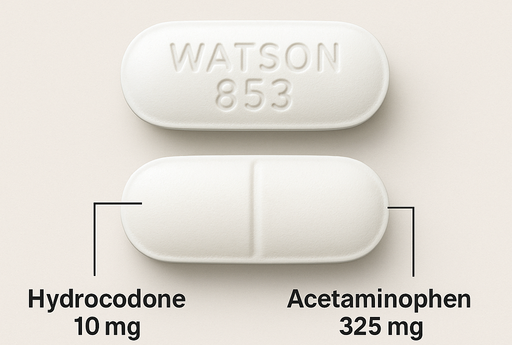 A white oblong pill imprinted with WATSON 853 is shown from two angles. The image labels the pill as containing Hydrocodone 10 mg and Acetaminophen 325 mg.
