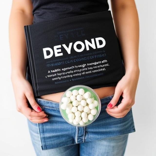 Person holds book and pills, symbolizing weight management.