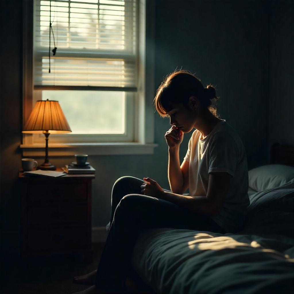 A woman sits on a bed in a dimly lit room, holding her face in her hand with a distressed expression.