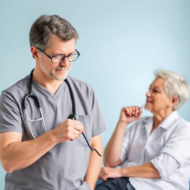Doctor talks with elderly female patient.