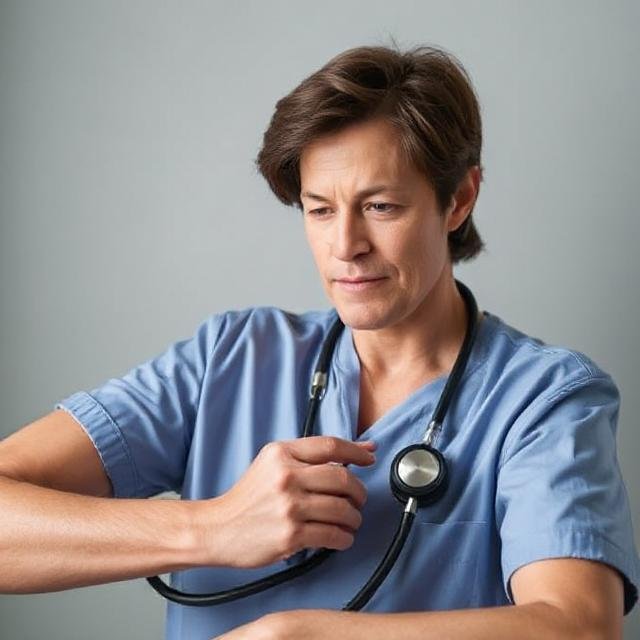Doctor in scrubs with stethoscope.